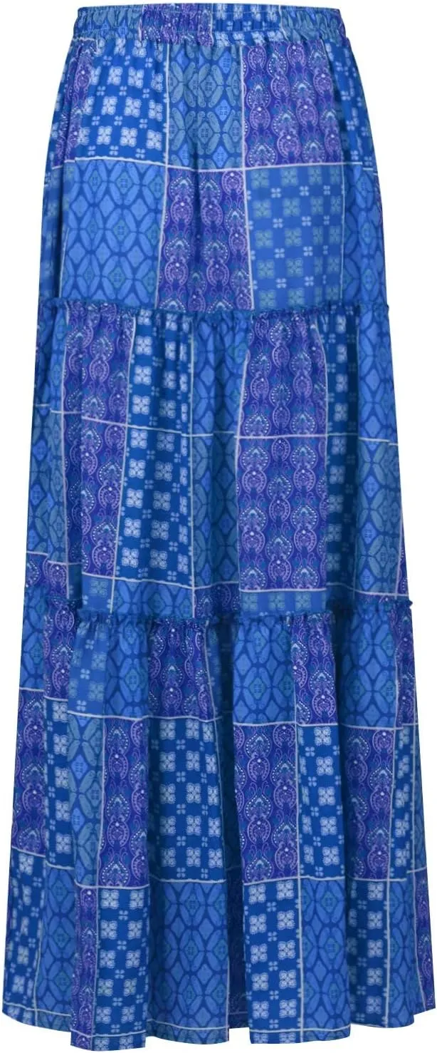 Tiered Pleated Skirts for Women Boho Floral Beach A Line Maxi Skirt Summer Casual High Waist Long Skirts with Pockets