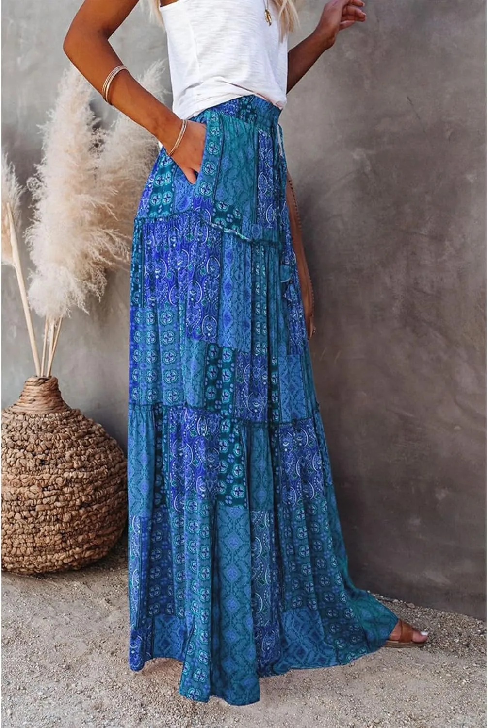 Tiered Pleated Skirts for Women Boho Floral Beach A Line Maxi Skirt Summer Casual High Waist Long Skirts with Pockets