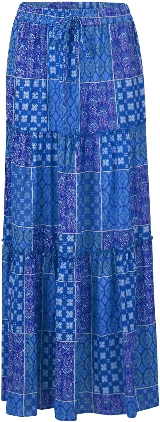 Tiered Pleated Skirts for Women Boho Floral Beach A Line Maxi Skirt Summer Casual High Waist Long Skirts with Pockets