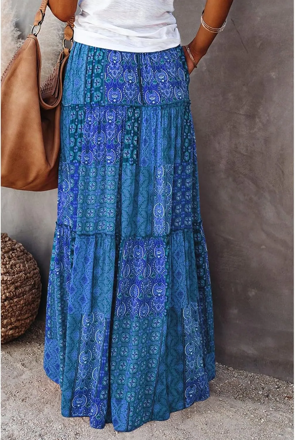Tiered Pleated Skirts for Women Boho Floral Beach A Line Maxi Skirt Summer Casual High Waist Long Skirts with Pockets