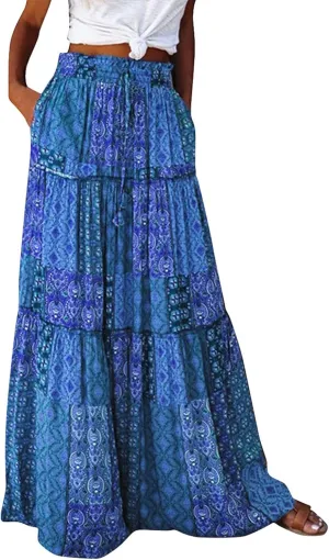 Tiered Pleated Skirts for Women Boho Floral Beach A Line Maxi Skirt Summer Casual High Waist Long Skirts with Pockets