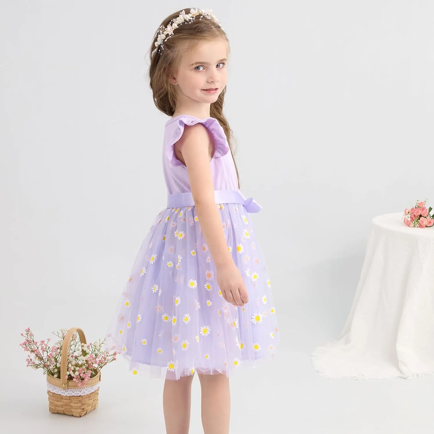 Toddler Baby Girls Tutu Tulle Dress Ruffled Sleeve Print Mesh Party Princess Dresses Summer Clothes 2-7T