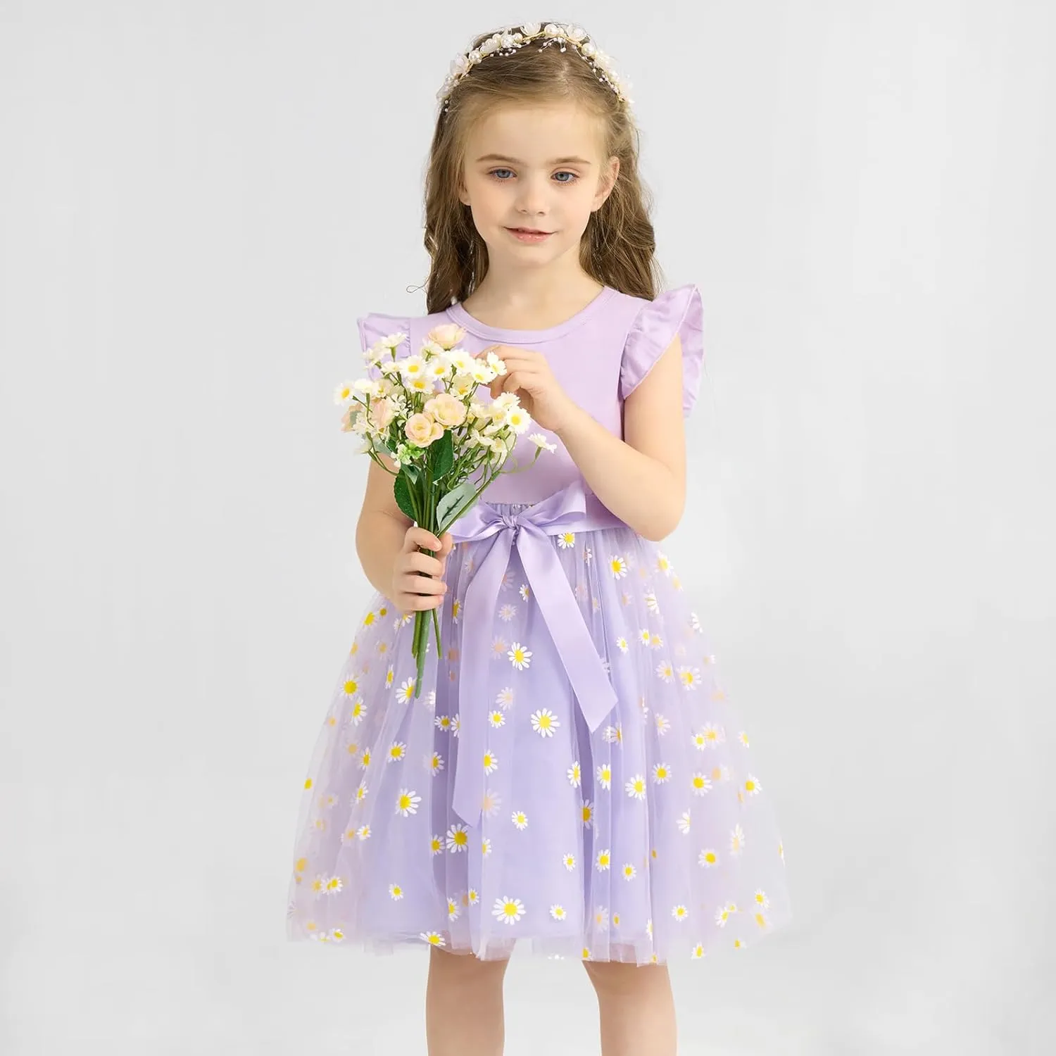 Toddler Baby Girls Tutu Tulle Dress Ruffled Sleeve Print Mesh Party Princess Dresses Summer Clothes 2-7T