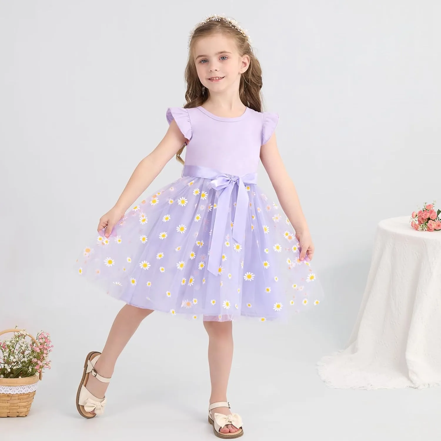 Toddler Baby Girls Tutu Tulle Dress Ruffled Sleeve Print Mesh Party Princess Dresses Summer Clothes 2-7T