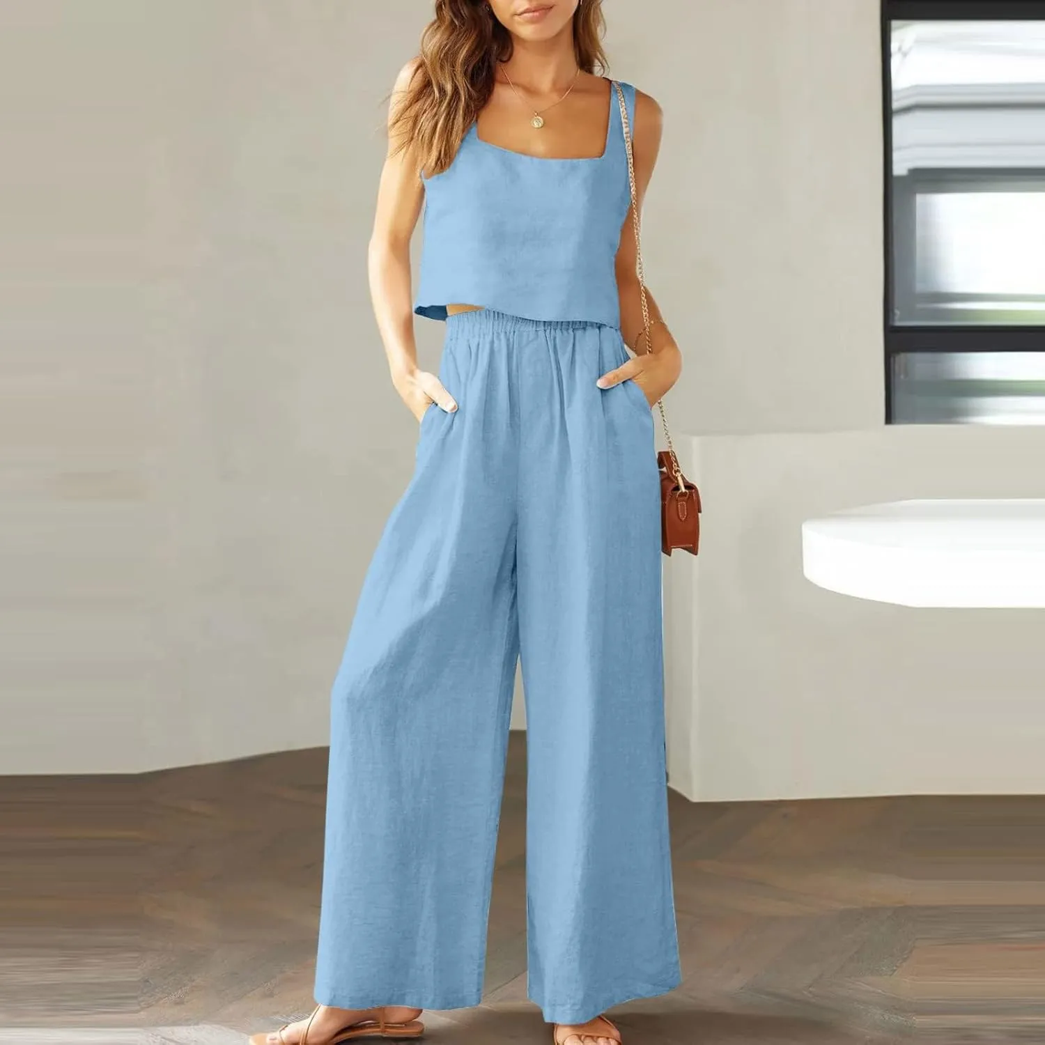 Travel Outfits for Women 2 Piece Sets Linen Sleeveless Tank Tops Matching Wide Leg Lounge Set Beach Vacation Sets