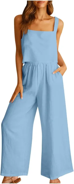 Travel Outfits for Women 2 Piece Sets Linen Sleeveless Tank Tops Matching Wide Leg Lounge Set Beach Vacation Sets
