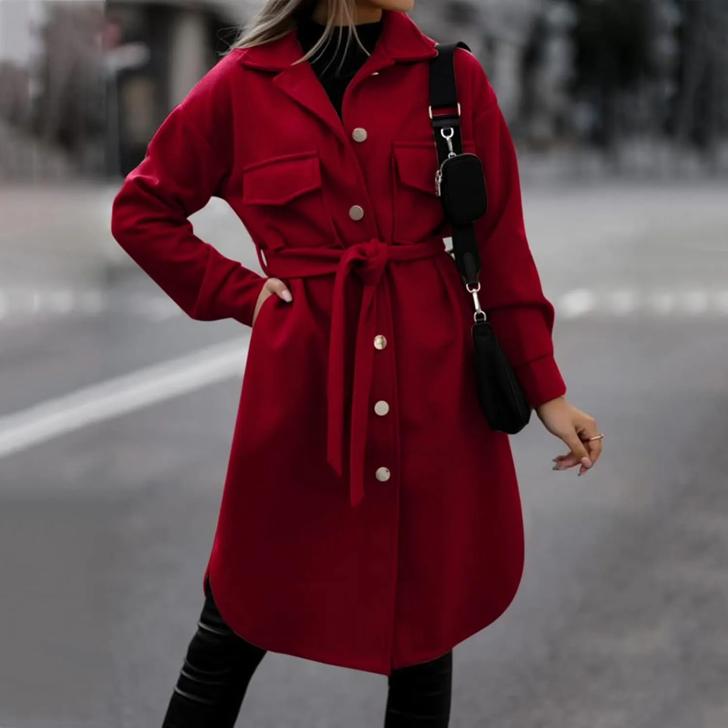 Trench Coat for Women Winter Wool Blend Overcoat Elegant Lapel Collar Double Breasted Peacaot Jackets With Belt