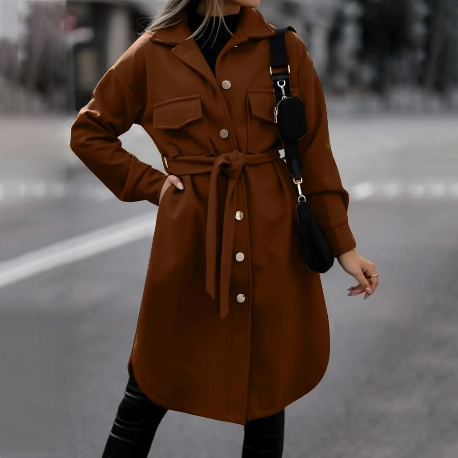 Trench Coat for Women Winter Wool Blend Overcoat Elegant Lapel Collar Double Breasted Peacaot Jackets With Belt
