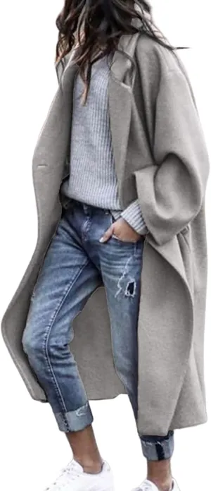 Trench Coat Women Notched Collar Wool Blend Long Jacket Oversized Long Sleeve Overcoat Button Pea Coat with Pockets