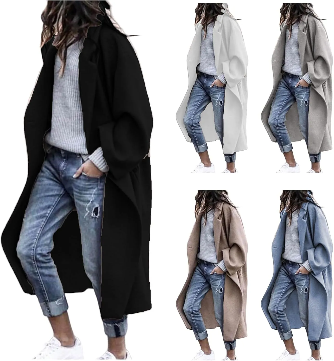 Trench Coat Women Notched Collar Wool Blend Long Jacket Oversized Long Sleeve Overcoat Button Pea Coat with Pockets