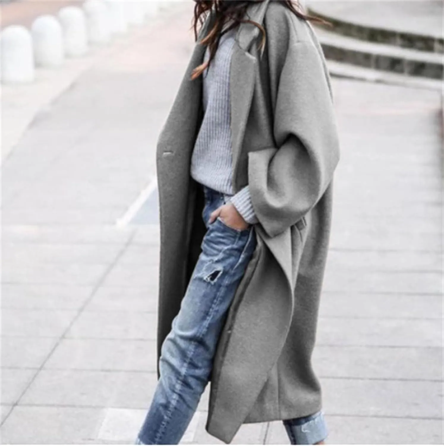 Trench Coat Women Notched Collar Wool Blend Long Jacket Oversized Long Sleeve Overcoat Button Pea Coat with Pockets
