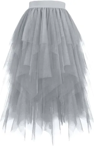 Tulle Skirts for Women Multi Layered Lace Mesh Midi Dress Elastic High Waist Irregular Hem A Line Flowy Skirt 2025