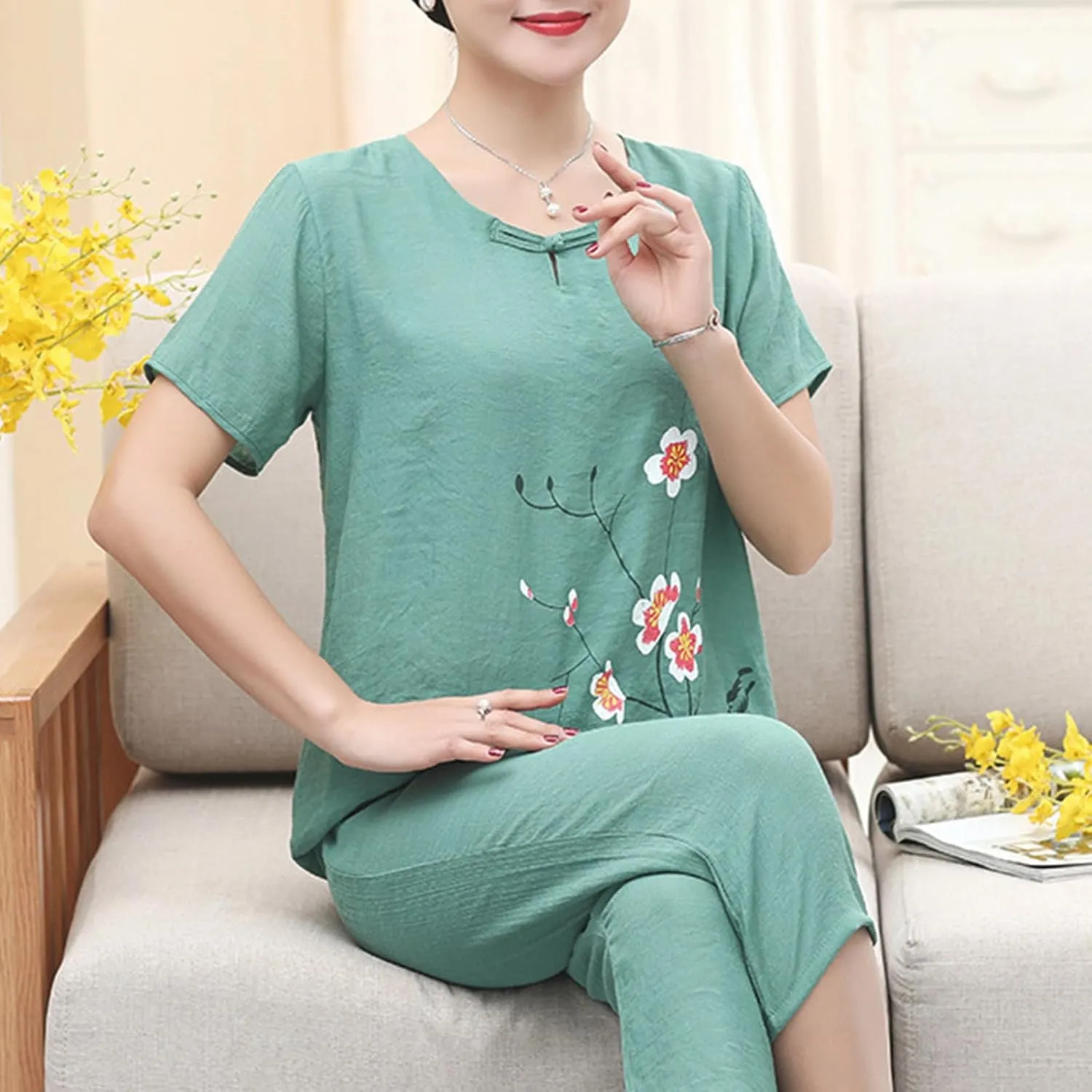 Two Piece Pajamas Set for Women Cotton Linen Floral Round Neck Knot Short Sleeve and Elastic Long Lounge Pant Pjs Set