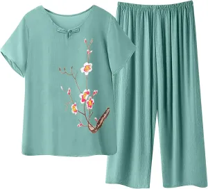 Two Piece Pajamas Set for Women Cotton Linen Floral Round Neck Knot Short Sleeve and Elastic Long Lounge Pant Pjs Set