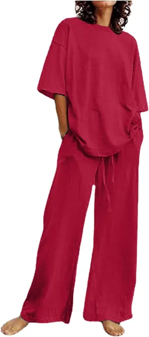 Two Piece Sets for Women 2024 Oversized Short Sleeve Shirt Loose Pullover Tops Wide Leg Pants Set Summer Linen Outfits