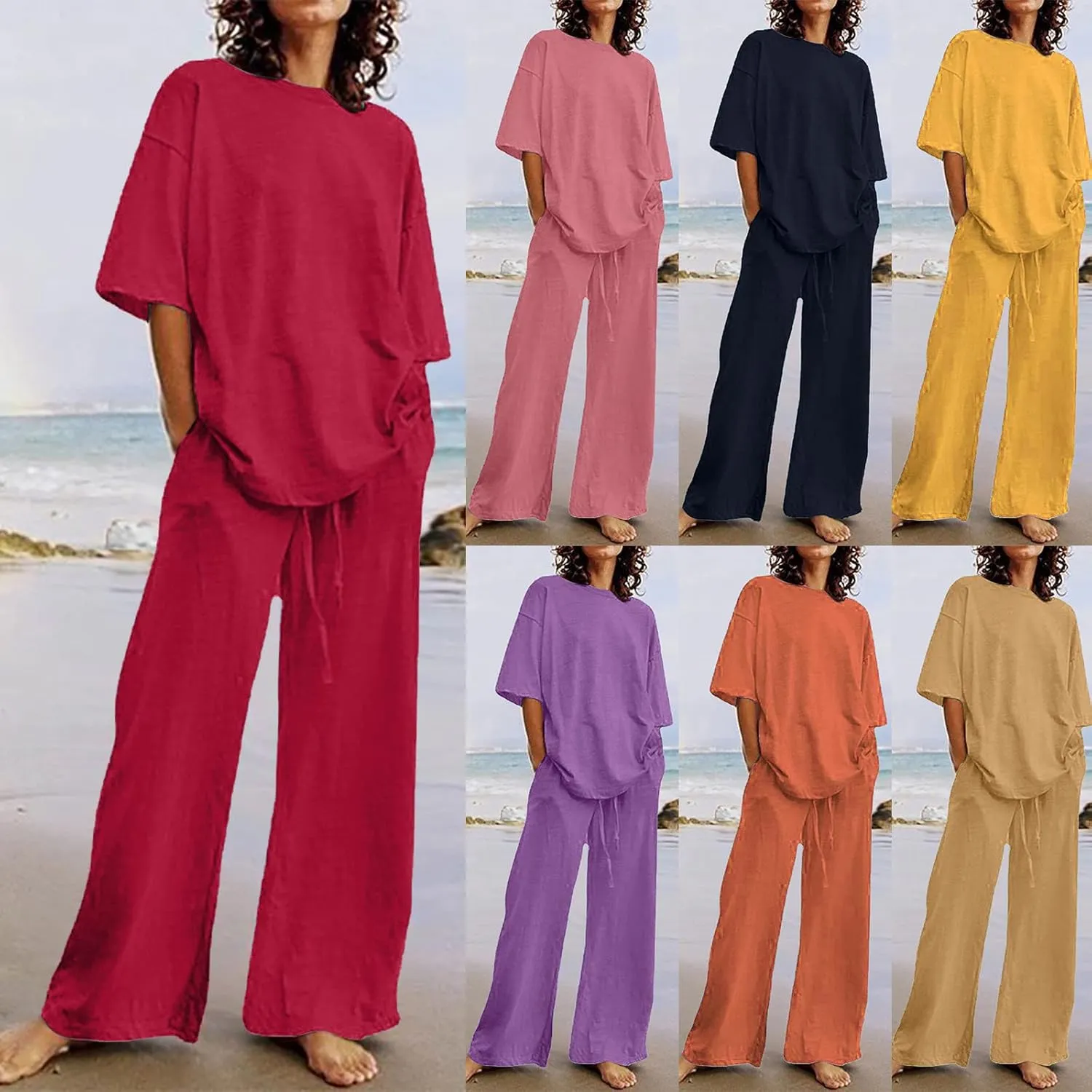 Two Piece Sets for Women 2024 Oversized Short Sleeve Shirt Loose Pullover Tops Wide Leg Pants Set Summer Linen Outfits