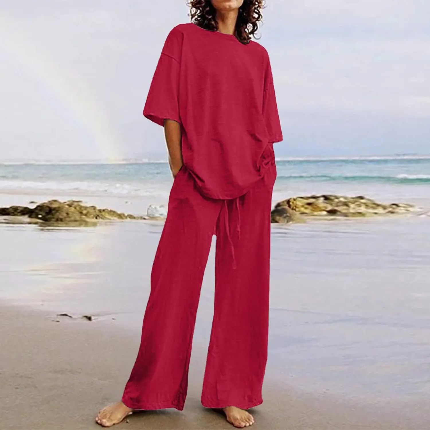 Two Piece Sets for Women 2024 Oversized Short Sleeve Shirt Loose Pullover Tops Wide Leg Pants Set Summer Linen Outfits