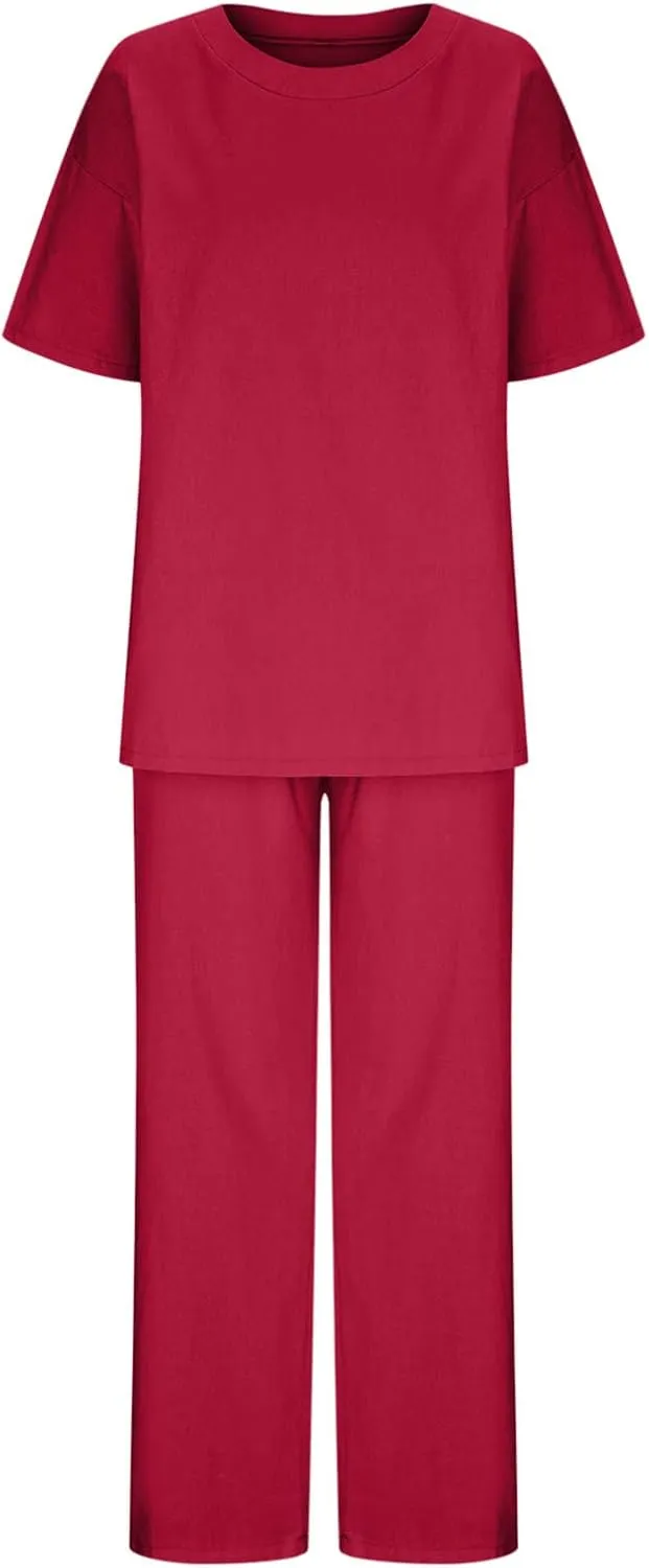 Two Piece Sets for Women 2024 Oversized Short Sleeve Shirt Loose Pullover Tops Wide Leg Pants Set Summer Linen Outfits