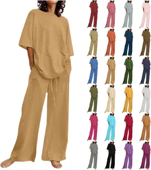 Two Piece Sets for Women Summer Linen Casual Outfit Crewneck 3/4 Sleeve Tops High Waist Wide Leg Pants with Pockets