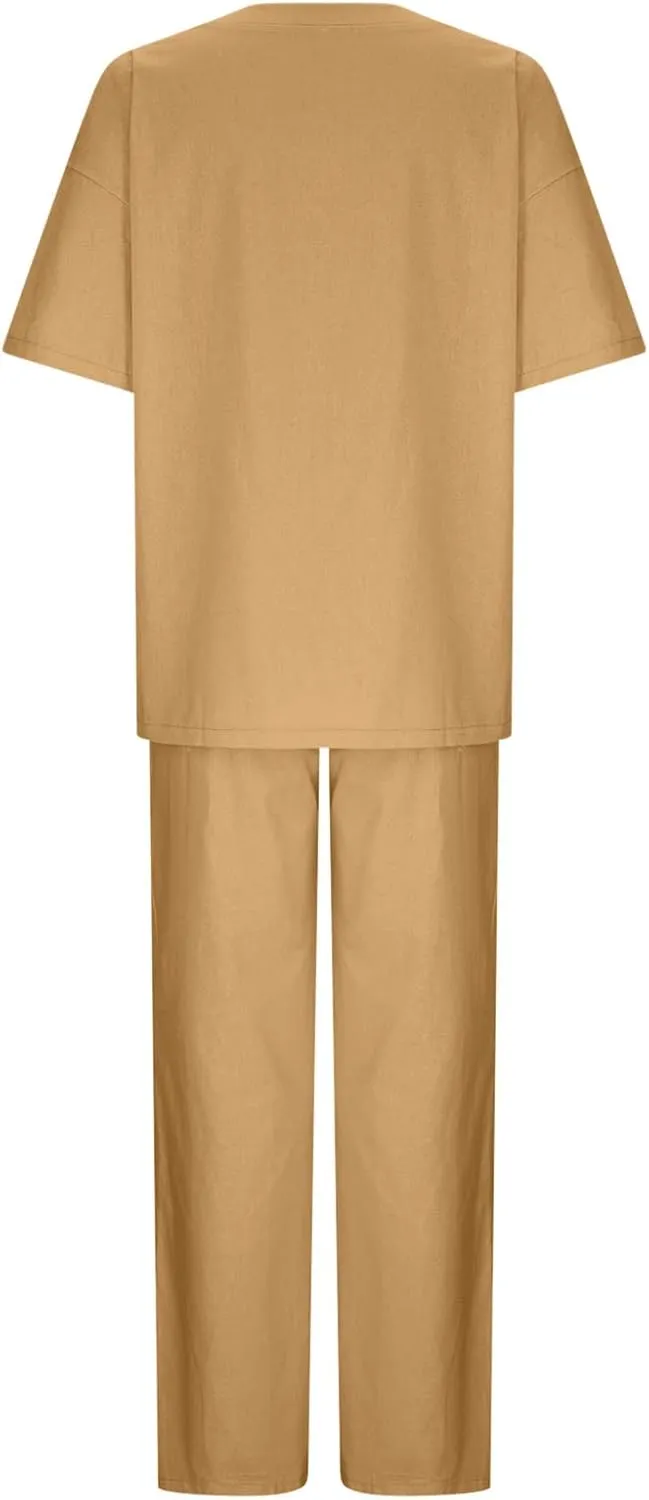 Two Piece Sets for Women Summer Linen Casual Outfit Crewneck 3/4 Sleeve Tops High Waist Wide Leg Pants with Pockets