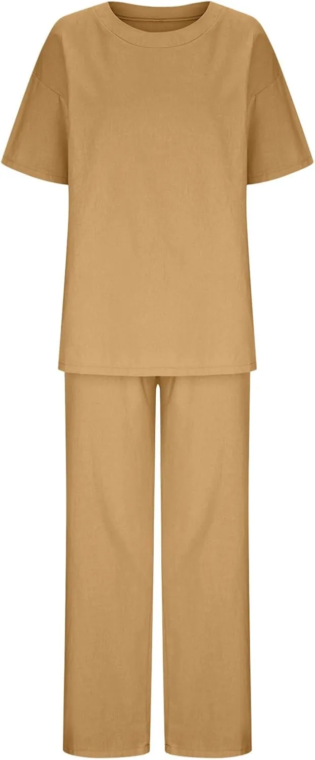 Two Piece Sets for Women Summer Linen Casual Outfit Crewneck 3/4 Sleeve Tops High Waist Wide Leg Pants with Pockets