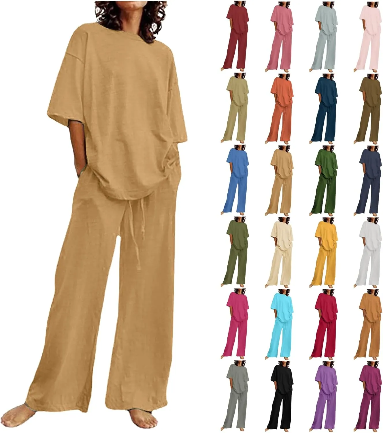 Two Piece Sets for Women Summer Linen Casual Outfit Crewneck 3/4 Sleeve Tops High Waist Wide Leg Pants with Pockets