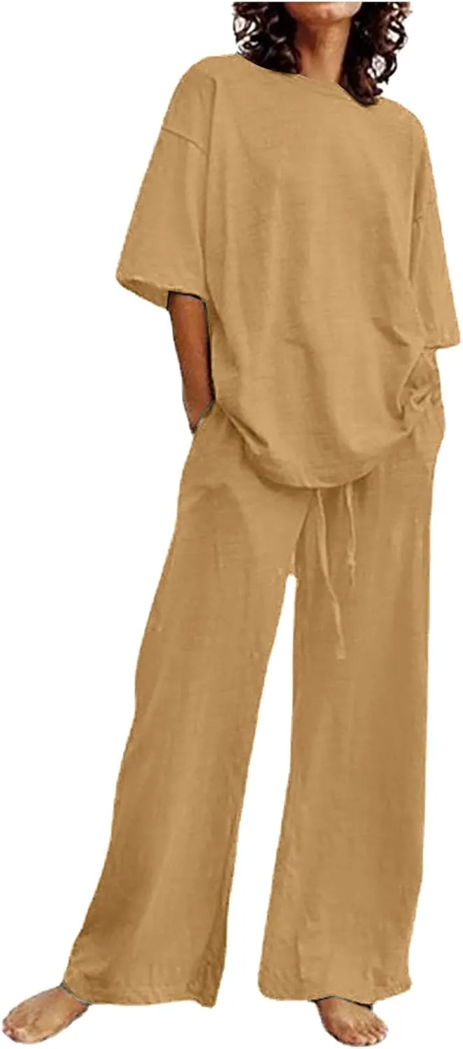 Two Piece Sets for Women Summer Linen Casual Outfit Crewneck 3/4 Sleeve Tops High Waist Wide Leg Pants with Pockets
