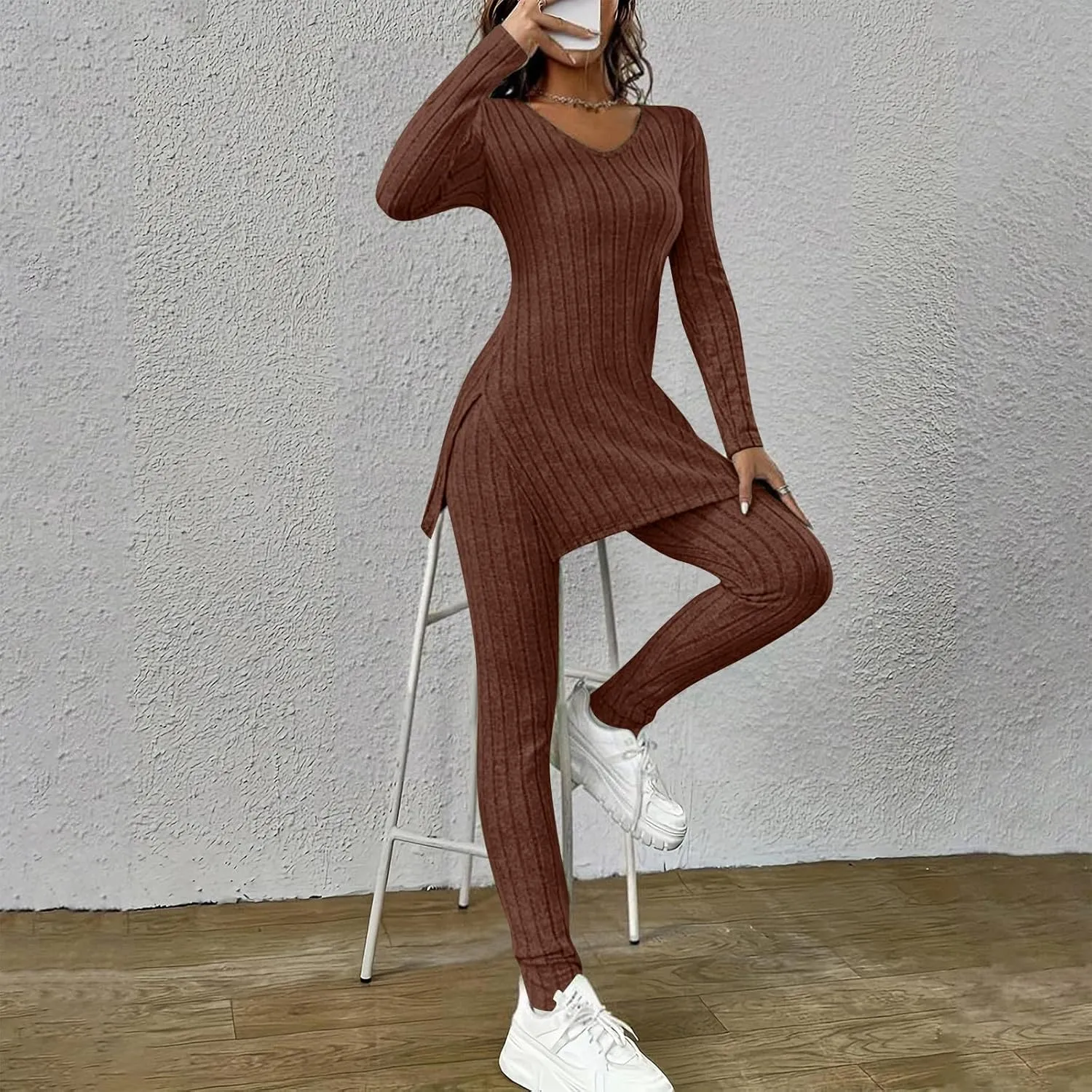 Two Piece Sets for Women,2025 Spring Trendy Ribbed Knit Lounge Set V Neck Slit Long Sleeve Tops & Pants Loungewear