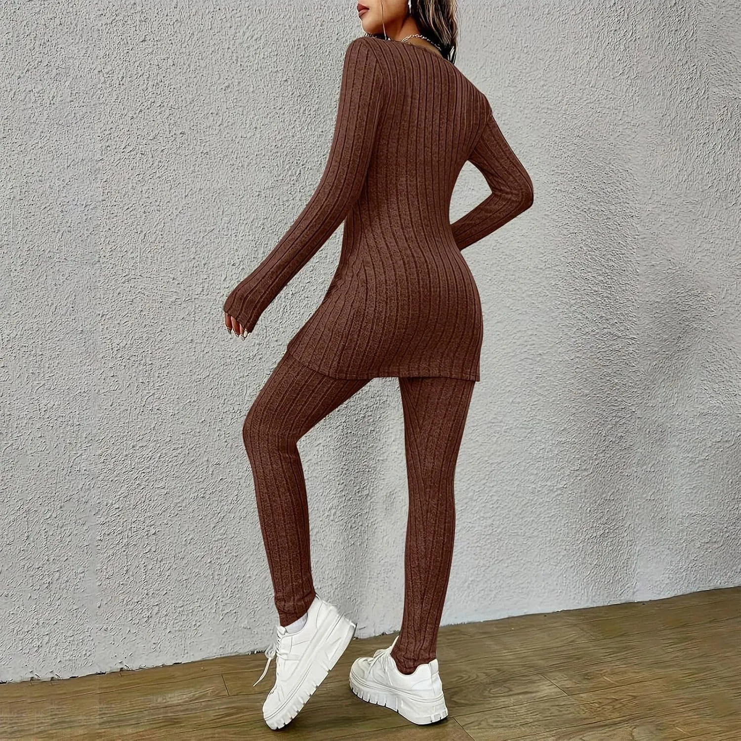 Two Piece Sets for Women,2025 Spring Trendy Ribbed Knit Lounge Set V Neck Slit Long Sleeve Tops & Pants Loungewear