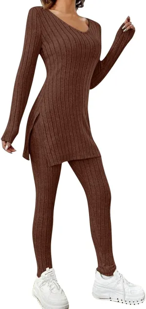Two Piece Sets for Women,2025 Spring Trendy Ribbed Knit Lounge Set V Neck Slit Long Sleeve Tops & Pants Loungewear