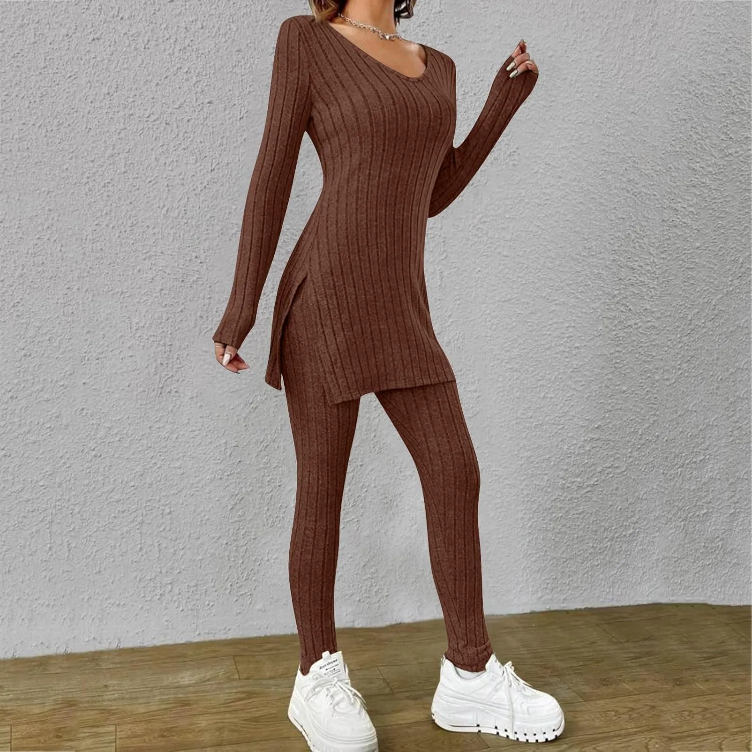 Two Piece Sets for Women,2025 Spring Trendy Ribbed Knit Lounge Set V Neck Slit Long Sleeve Tops & Pants Loungewear