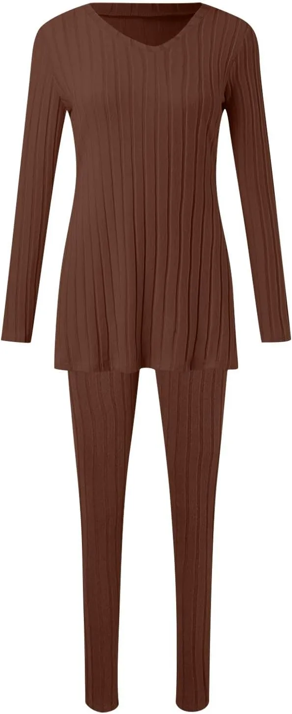 Two Piece Sets for Women,2025 Spring Trendy Ribbed Knit Lounge Set V Neck Slit Long Sleeve Tops & Pants Loungewear