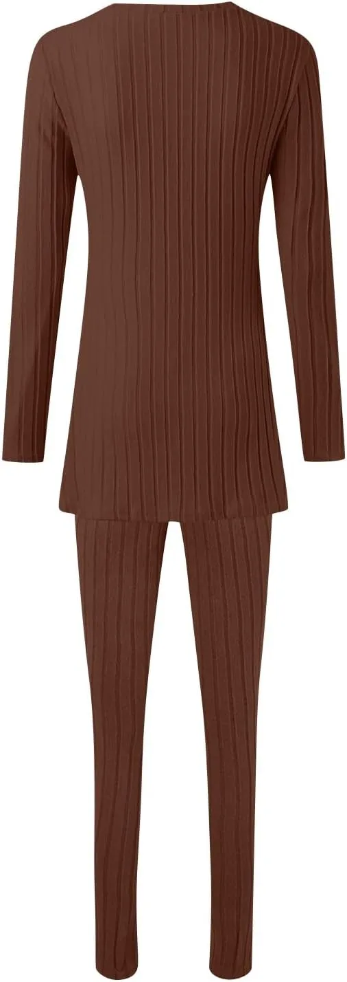 Two Piece Sets for Women,2025 Spring Trendy Ribbed Knit Lounge Set V Neck Slit Long Sleeve Tops & Pants Loungewear