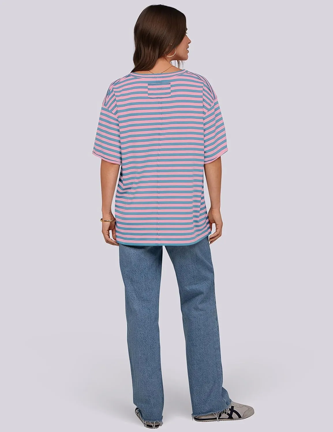 UEU Women Oversized Striped T Shirts Summer V Neck Short Sleeve Cotton Casual Loose Tops Tee Tshirts Trendy Fashion Clothes