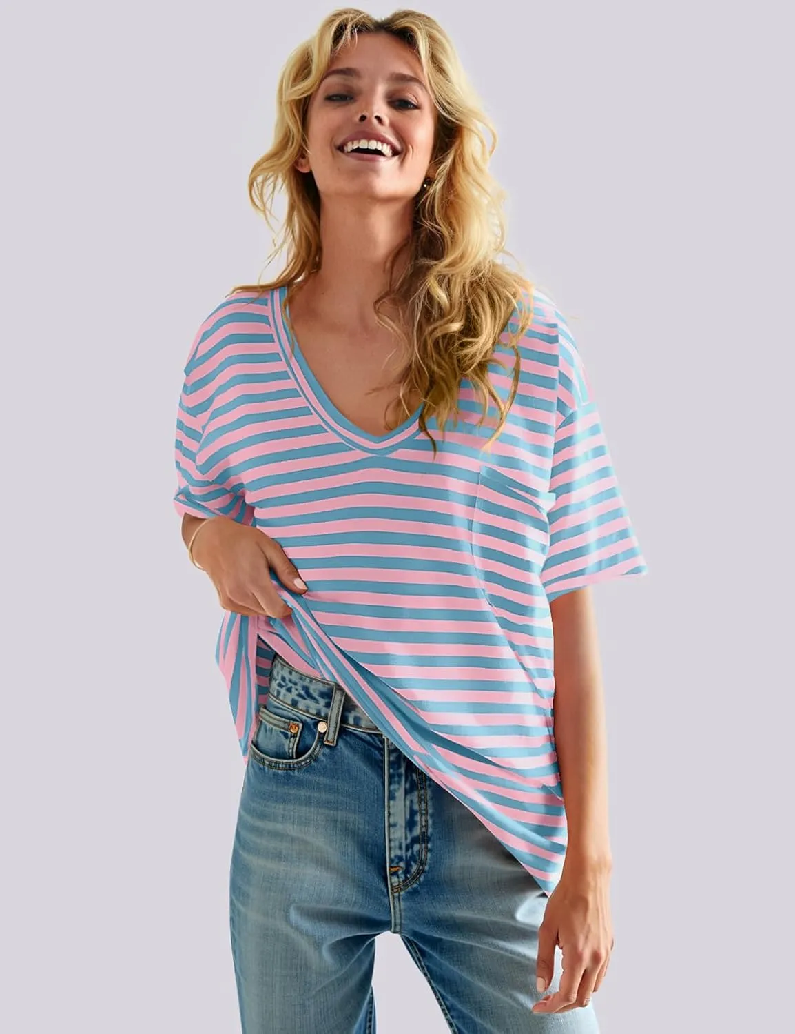 UEU Women Oversized Striped T Shirts Summer V Neck Short Sleeve Cotton Casual Loose Tops Tee Tshirts Trendy Fashion Clothes