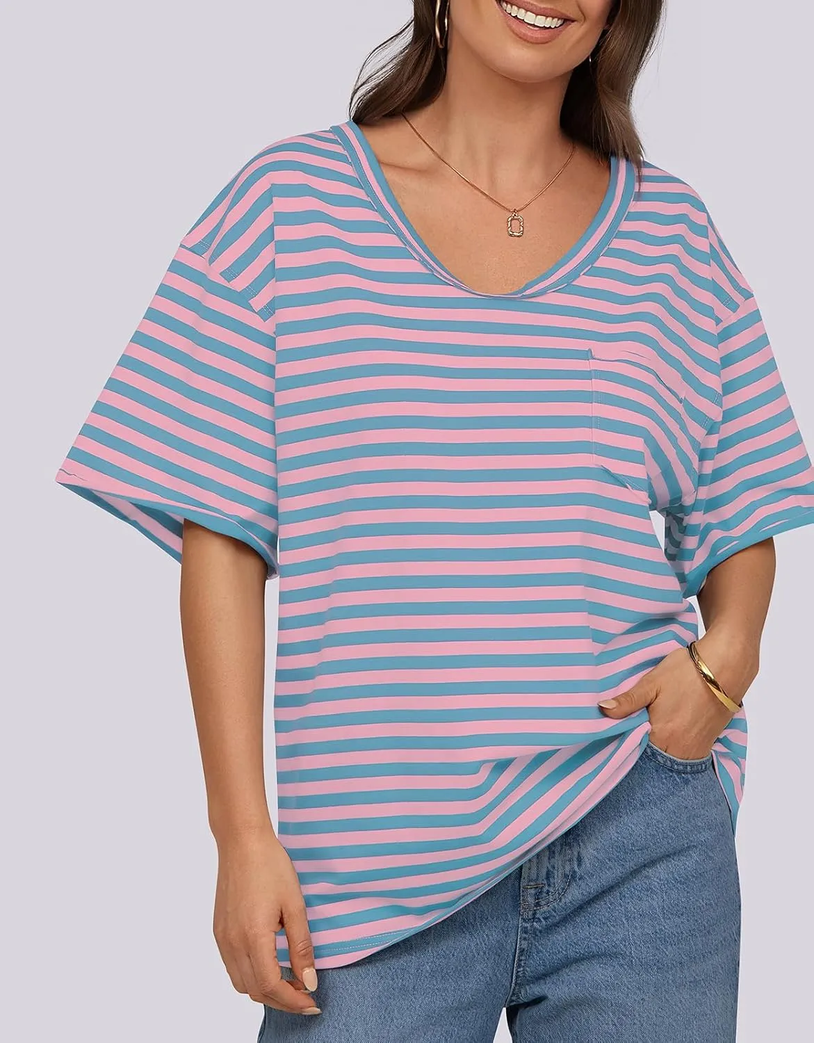 UEU Women Oversized Striped T Shirts Summer V Neck Short Sleeve Cotton Casual Loose Tops Tee Tshirts Trendy Fashion Clothes