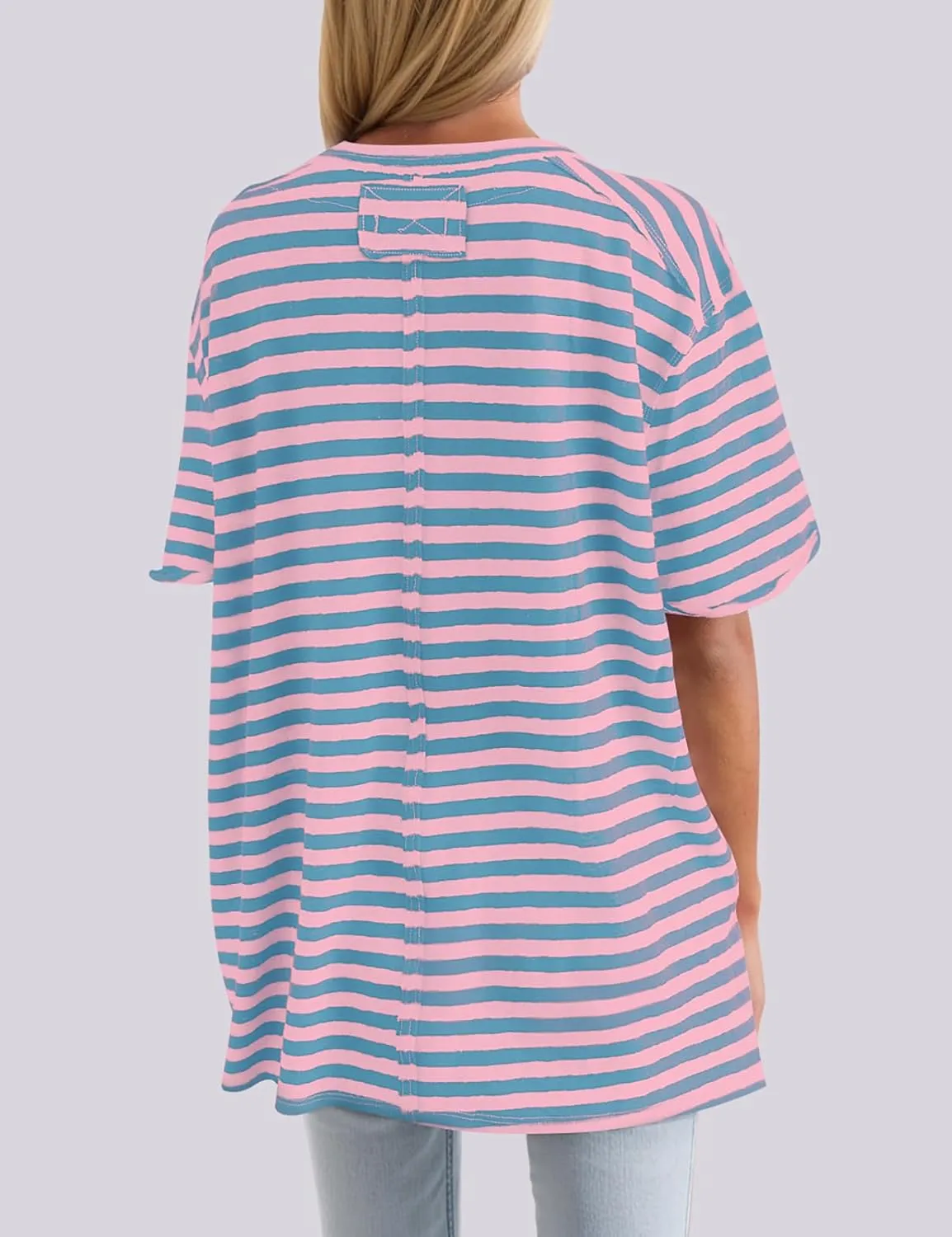 UEU Women Oversized Striped T Shirts Summer V Neck Short Sleeve Cotton Casual Loose Tops Tee Tshirts Trendy Fashion Clothes