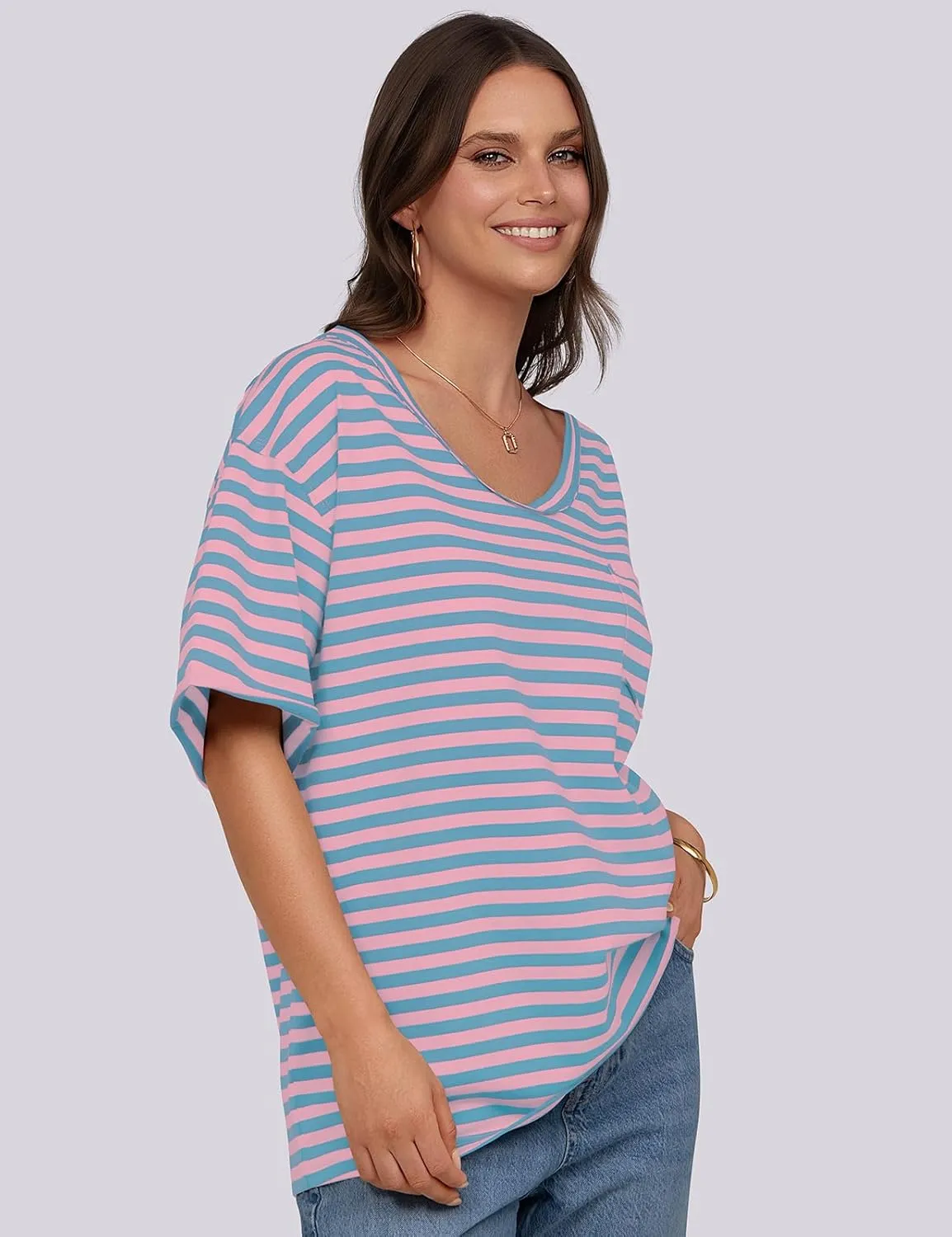 UEU Women Oversized Striped T Shirts Summer V Neck Short Sleeve Cotton Casual Loose Tops Tee Tshirts Trendy Fashion Clothes