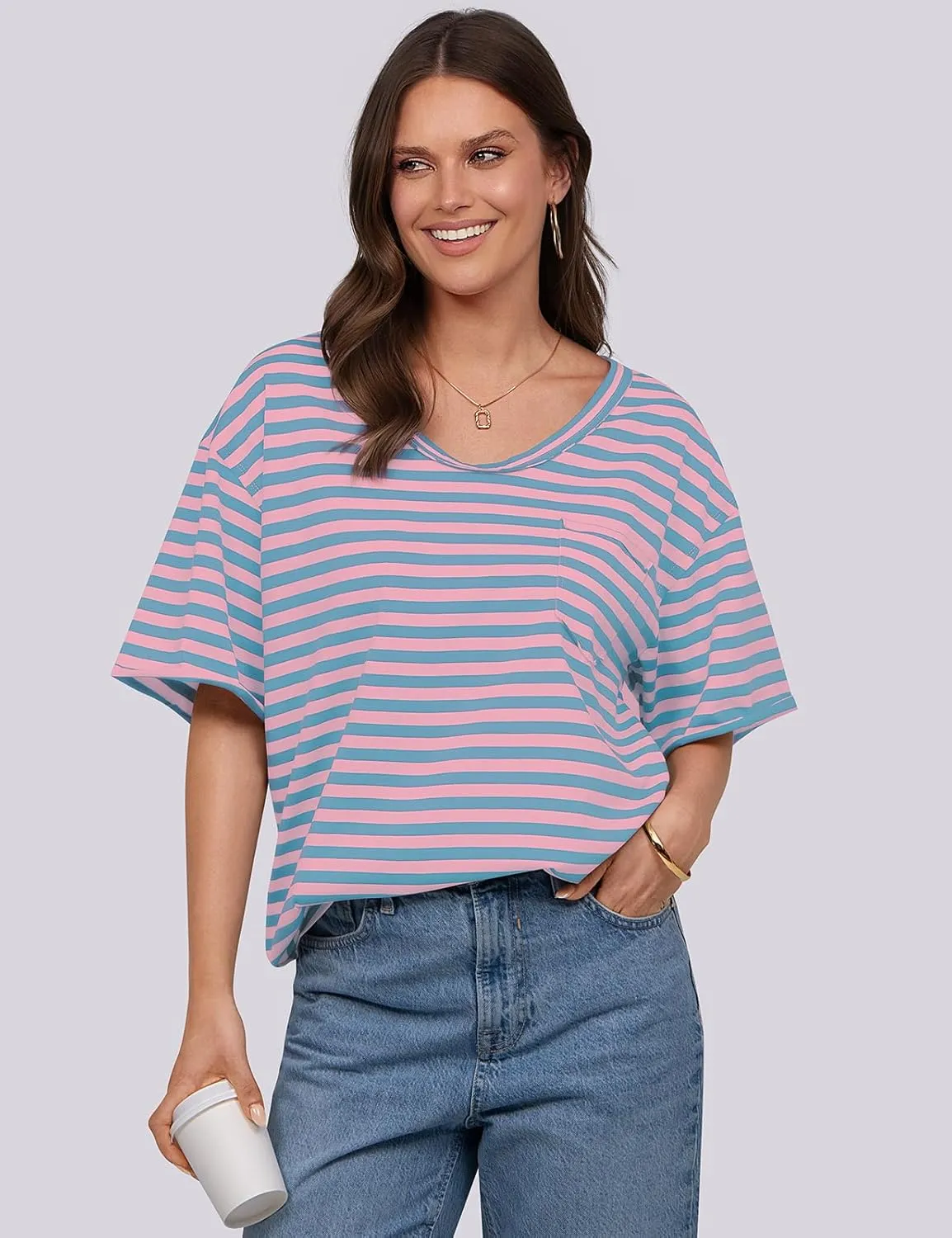 UEU Women Oversized Striped T Shirts Summer V Neck Short Sleeve Cotton Casual Loose Tops Tee Tshirts Trendy Fashion Clothes