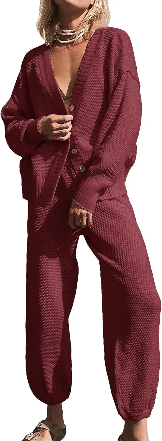 Ugerlov Women's Two Piece Outfits Sweater Sets Oversized Knit Cardigan and High Waisted Baggy Pants Matching Set Lounge Sets