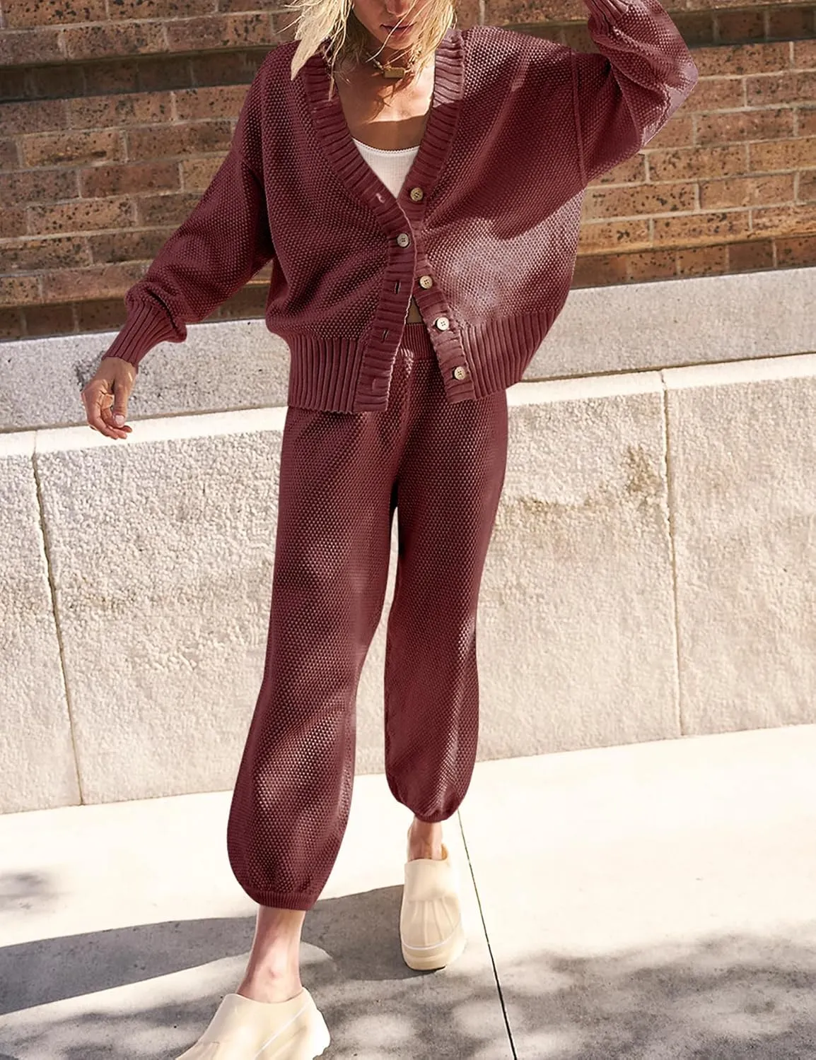 Ugerlov Women's Two Piece Outfits Sweater Sets Oversized Knit Cardigan and High Waisted Baggy Pants Matching Set Lounge Sets