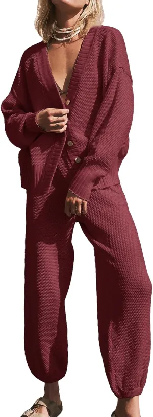 Ugerlov Women's Two Piece Outfits Sweater Sets Oversized Knit Cardigan and High Waisted Baggy Pants Matching Set Lounge Sets