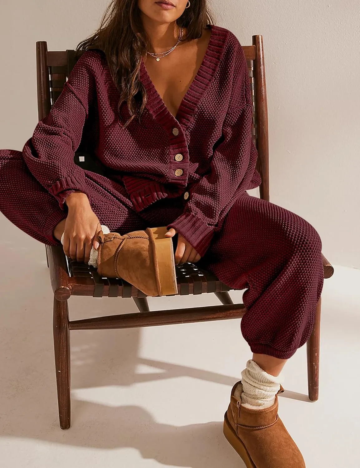 Ugerlov Women's Two Piece Outfits Sweater Sets Oversized Knit Cardigan and High Waisted Baggy Pants Matching Set Lounge Sets