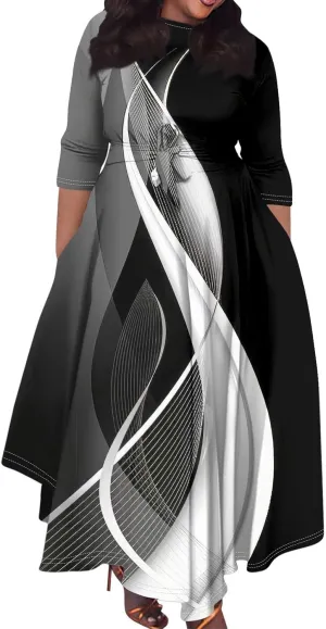 UQRZAU Women's Crew Neck Solid Color Plus Size Maxi Dresses 3/4 Sleeves High Waist Formal Swing Dress XL, 5XL