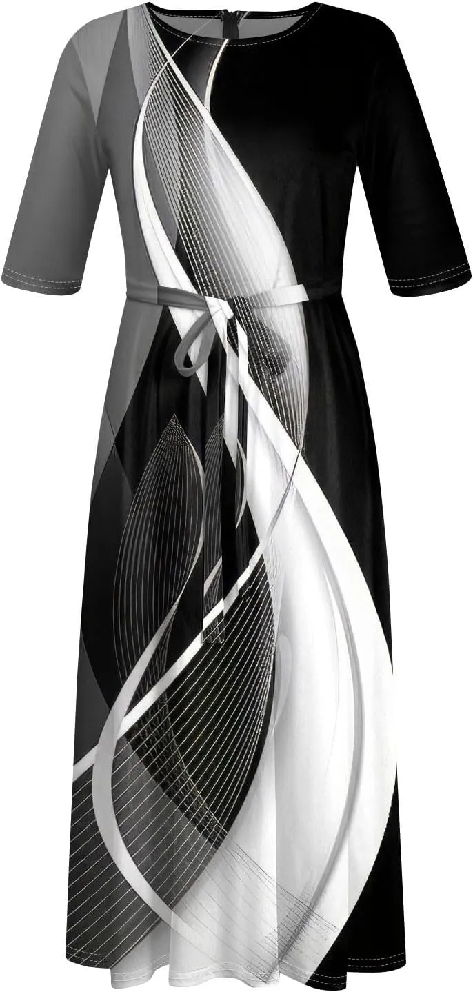 UQRZAU Women's Crew Neck Solid Color Plus Size Maxi Dresses 3/4 Sleeves High Waist Formal Swing Dress XL, 5XL