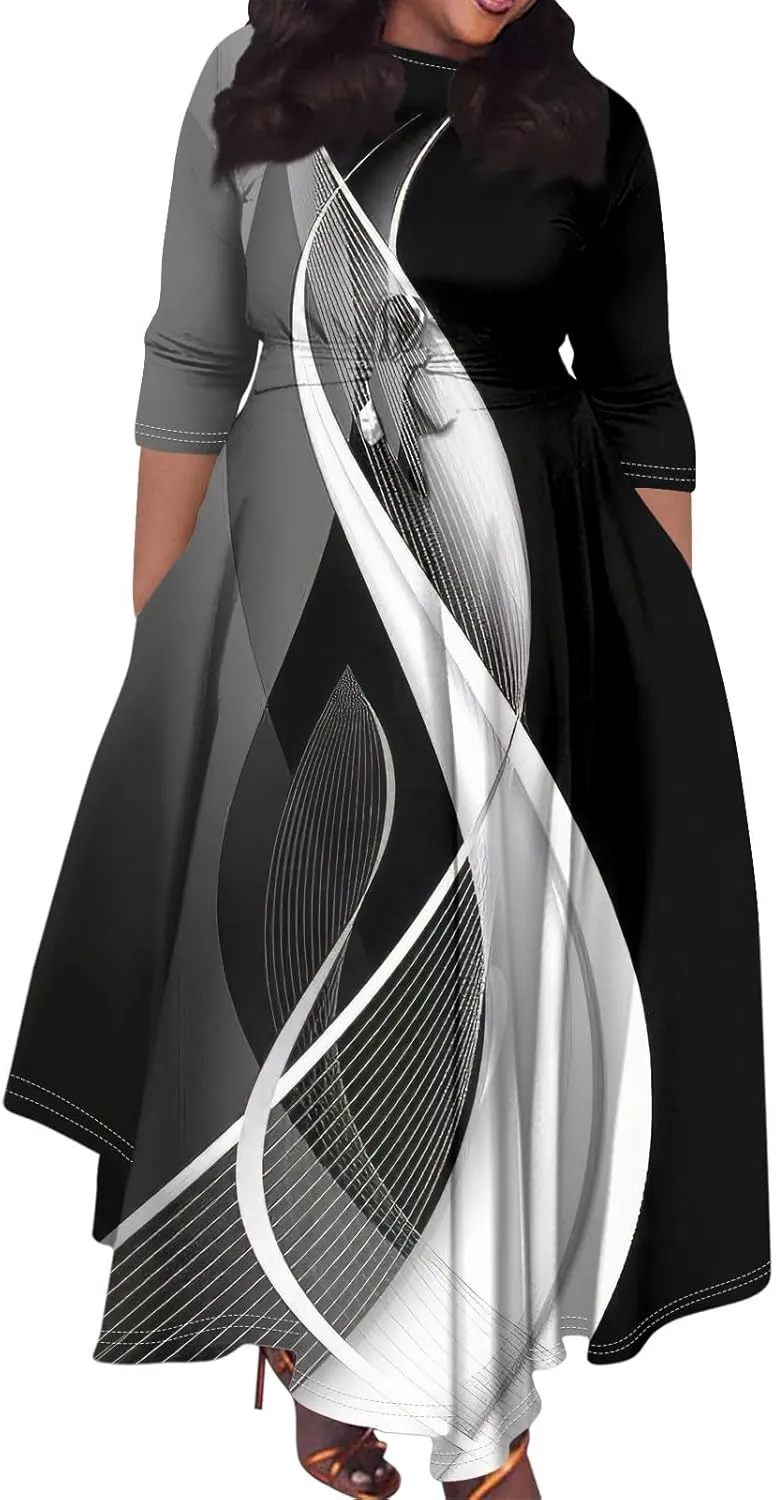 UQRZAU Women's Crew Neck Solid Color Plus Size Maxi Dresses 3/4 Sleeves High Waist Formal Swing Dress XL, 5XL
