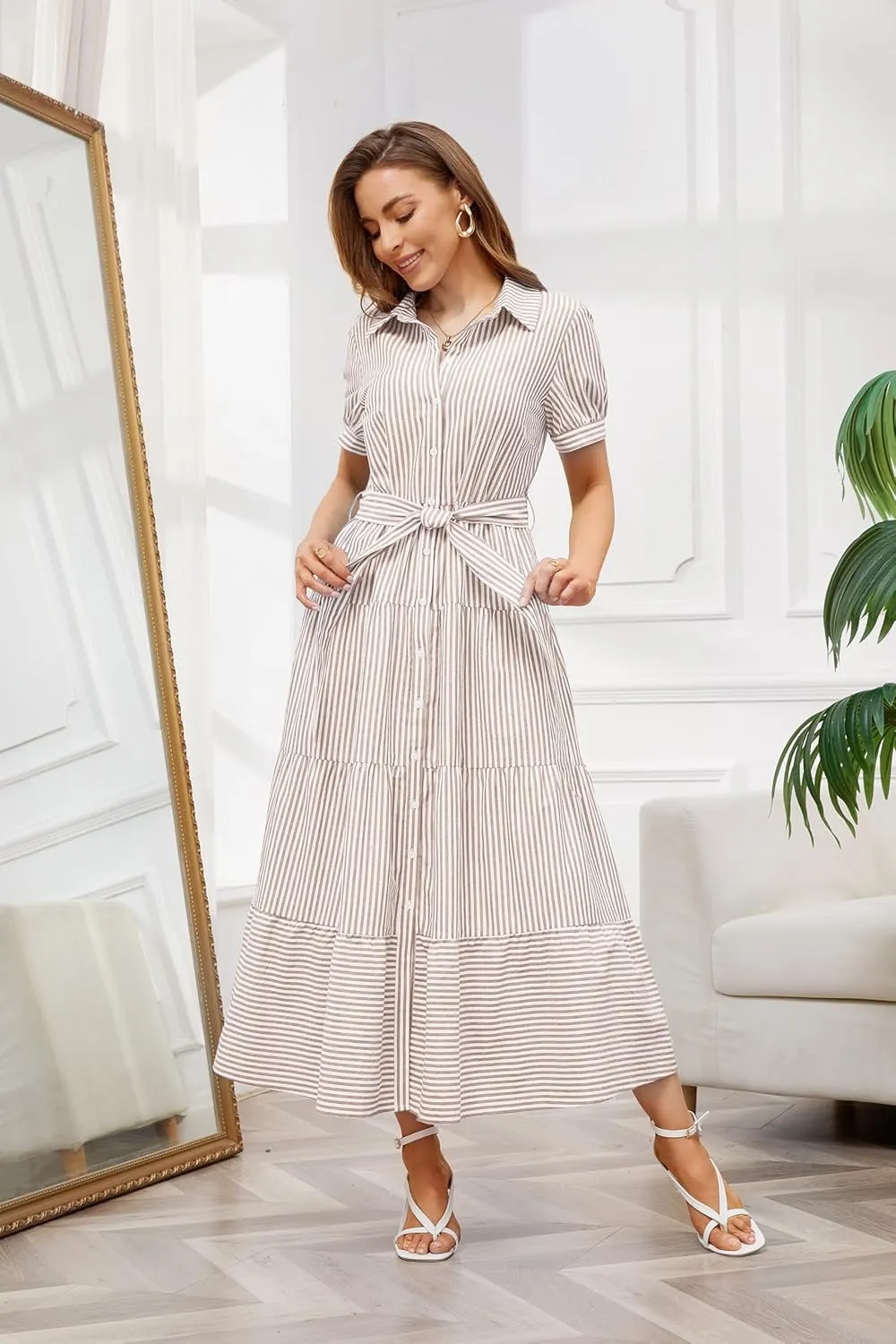 utcoco Womens Casual Short Sleeve Button Down Tie Waist Ruffled Striped Maxi Shirt Dress