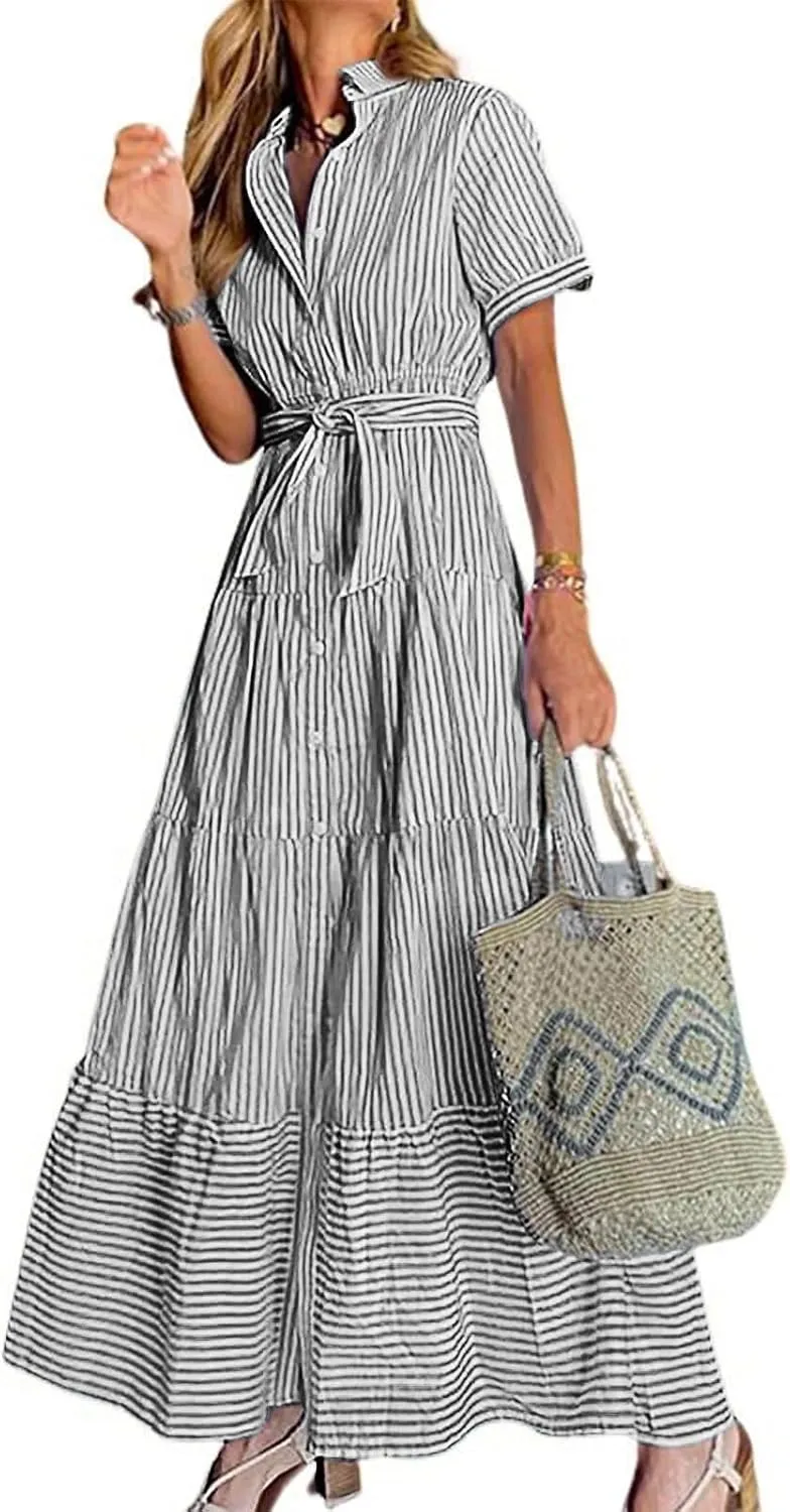 utcoco Womens Casual Short Sleeve Button Down Tie Waist Ruffled Striped Maxi Shirt Dress