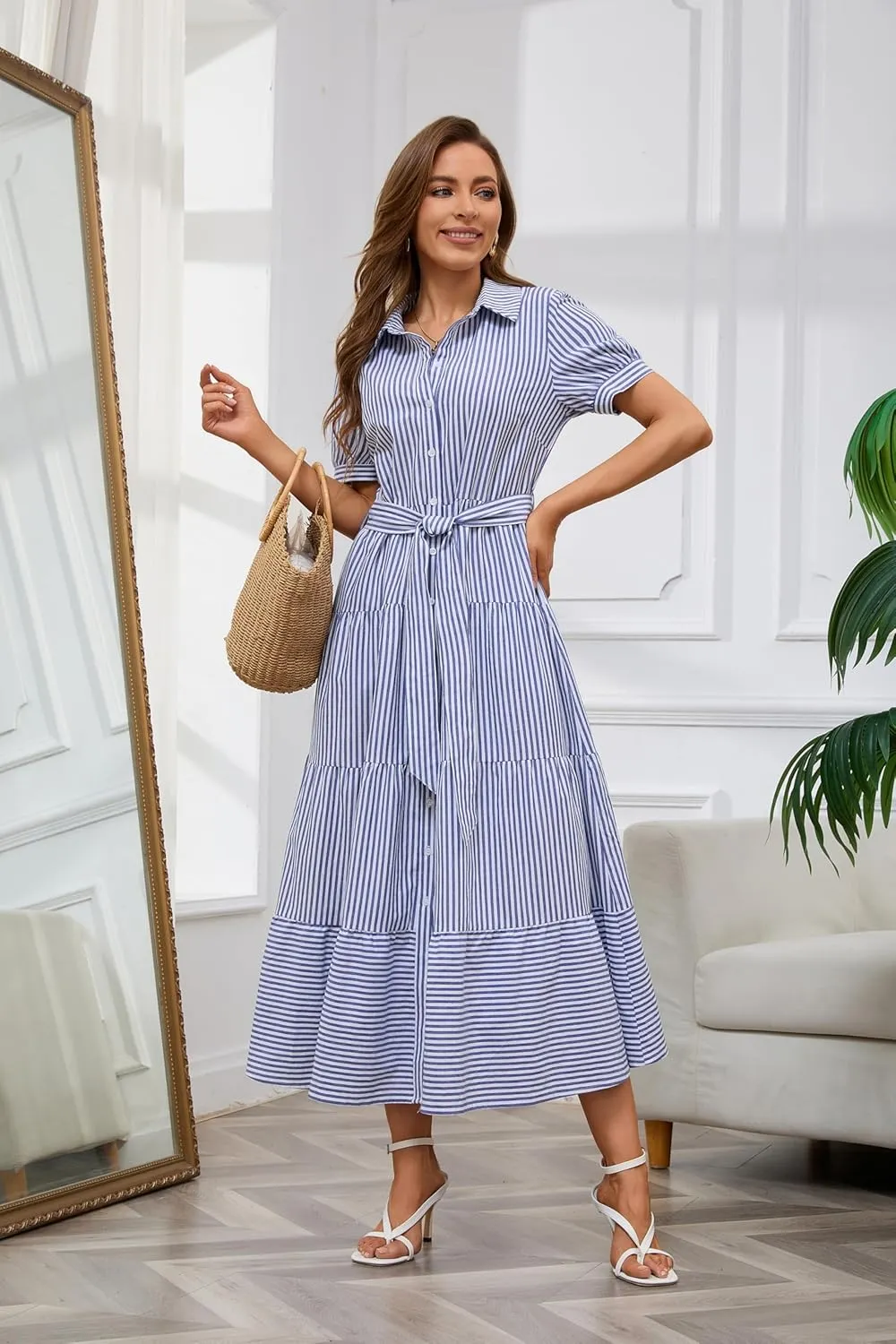 utcoco Womens Casual Short Sleeve Button Down Tie Waist Ruffled Striped Maxi Shirt Dress