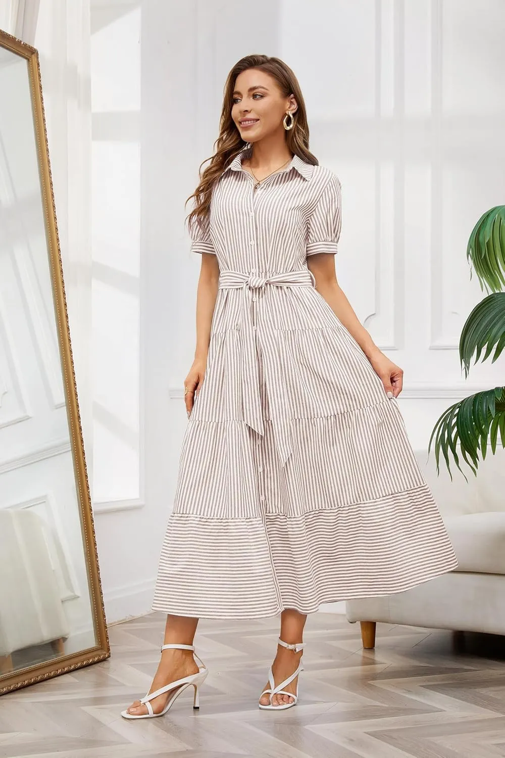utcoco Womens Casual Short Sleeve Button Down Tie Waist Ruffled Striped Maxi Shirt Dress